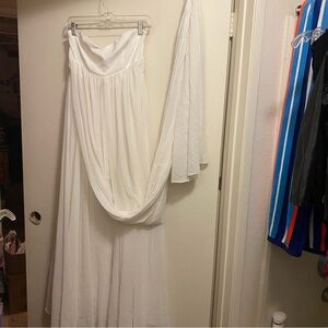 Lulus Womens White Strapless Gown Dress Formal Flowy With Sash M 34” Wedding